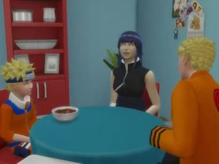 Naruto 无尽 sasuke se folla hinata 肛交 mientras su marido duerme netorare