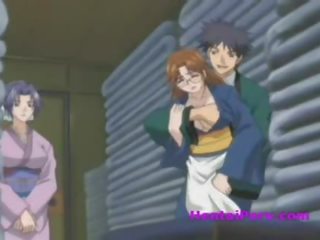 Busty anime adolescent learns to suck a johnson and oral cumshot