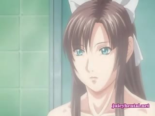 Anime beauty rubbing a cock with her huge tits